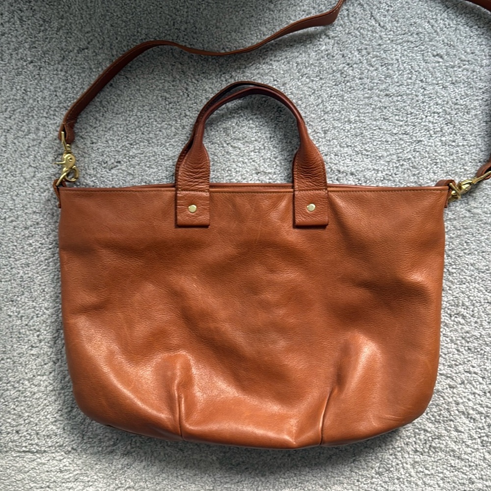 Clare V Messenger Tan Neptune with additional black and white cross body strap